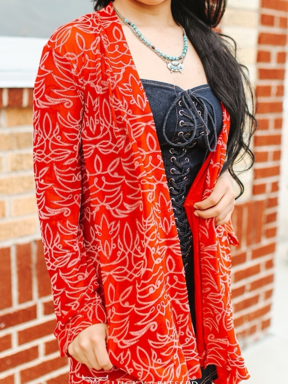 Lucky & Blessed Bootstitch Burnout Mesh Cardigan - Red